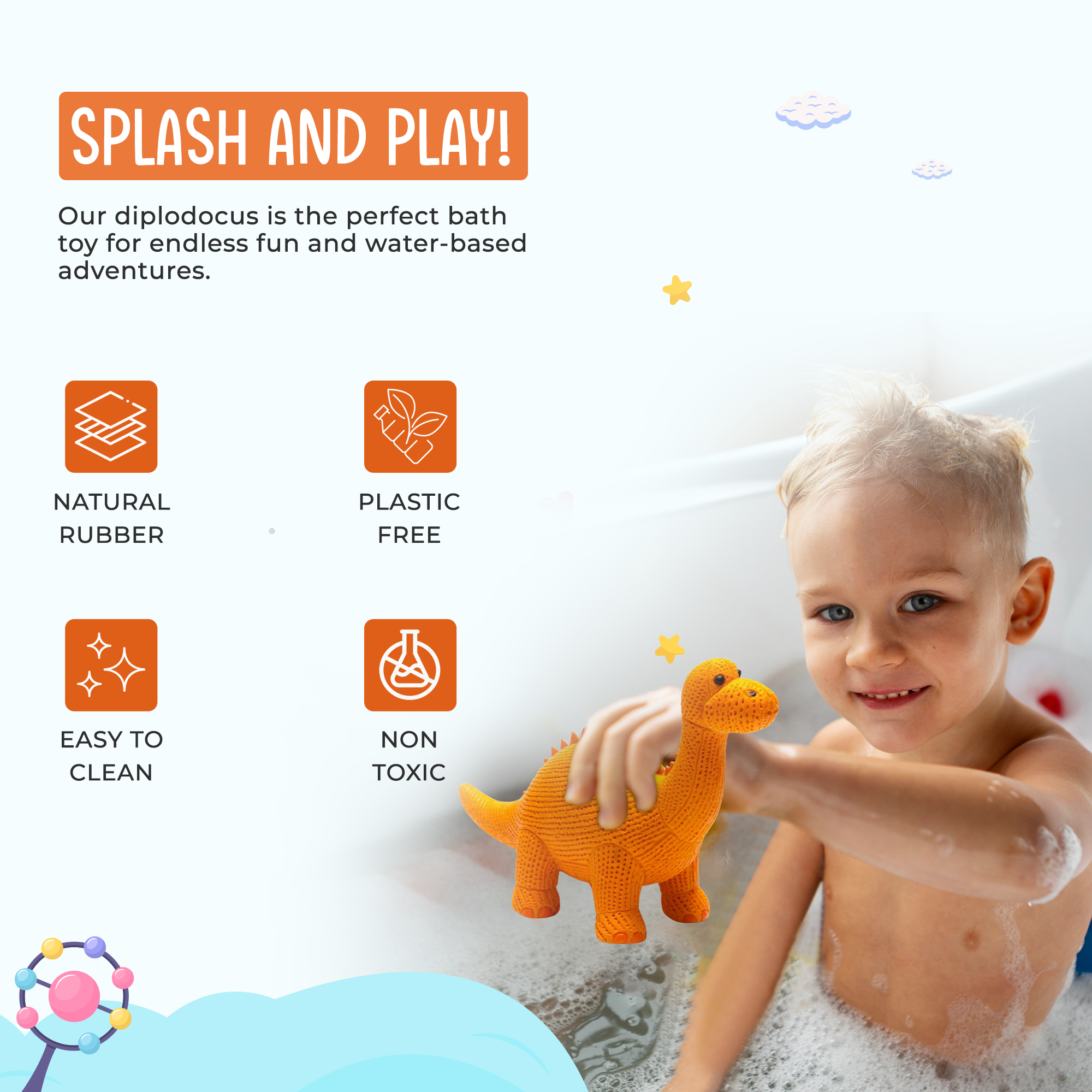 Best Years Ltd - Wholesale Bath Toy - Baby - Rubber Orange Diplodocus Dinosaur Toy, Bath Toy and Teether3