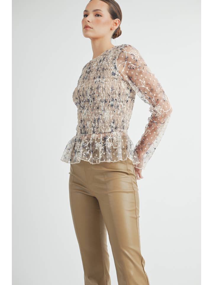 cream Sheer Smocked Embroidered Mesh Peplum Top for wholesale on Faire9