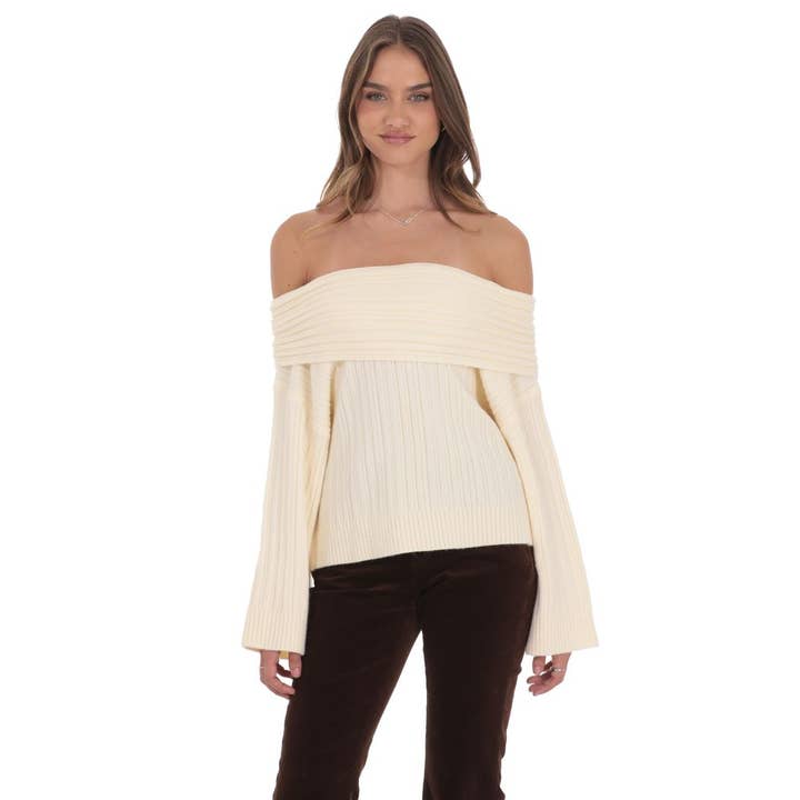 Camisola de Malha Oversized com Ombros Descobertos em Creme por atacado de Lucy In The Sky
