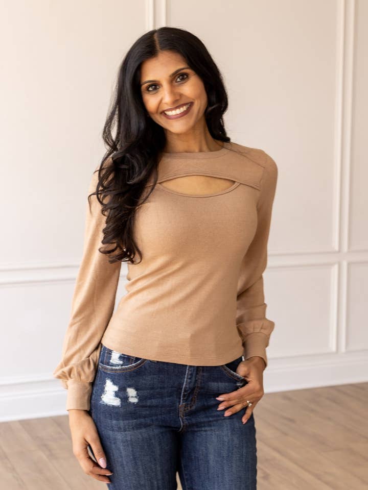 Promises Met Tan Cut Out Long-sleeved Top for wholesale by GRACE+EMMA by Southern Grace