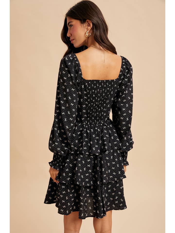 BLACK LONG SLEEVE TIERED MINI DRESS for wholesale on Faire4