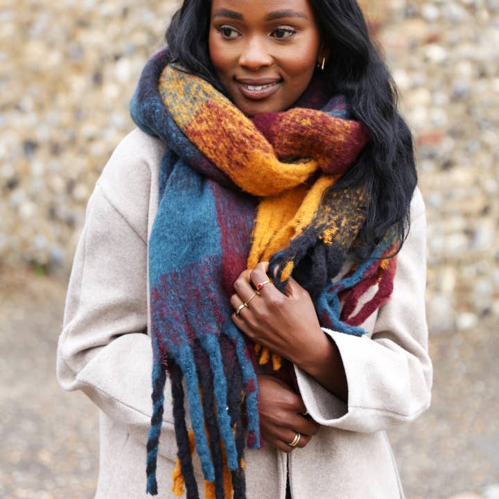 Lisa Angel - Wholesale Scarf - Women's - Thick Burgundy Navy and Mustard Winter Scarf