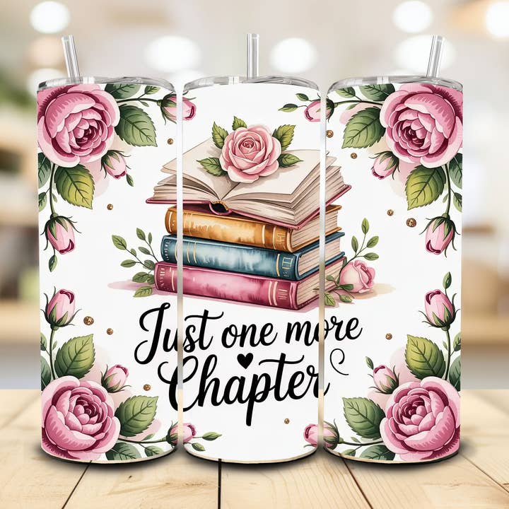 One More Chapter, Books & Reading Tumbler, 20 oz. for wholesale by Stencil Art Canada