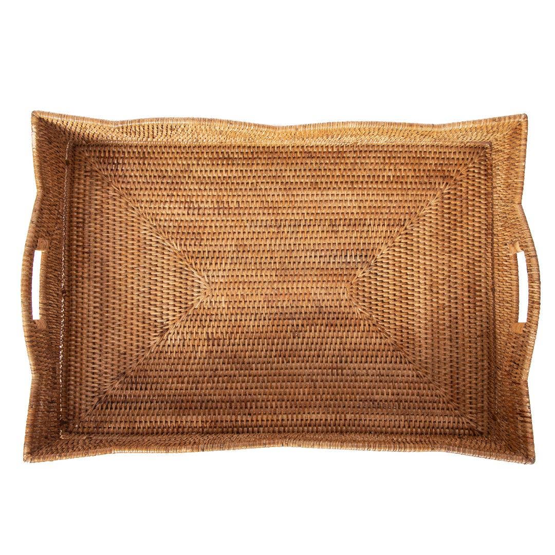 Artifacts Trading Company - Wholesale Patio Table - Rattan Scallop Butler Tray: Folding Wooden Legs0