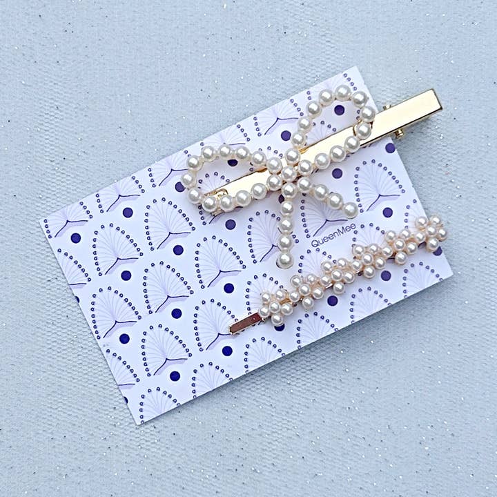 Ensemble de pinces à cheveux Pearl Bow Hair Grip, lot de 2 pour la vente par QueenMee Accessories