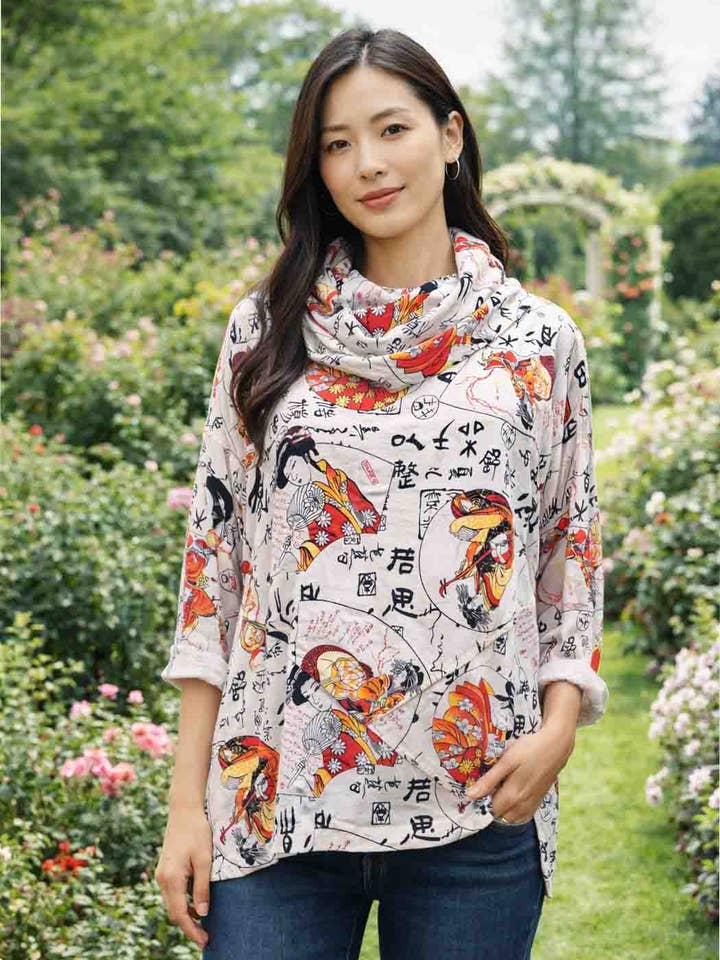 Tianello print "GEISHA" TENCEL™ "Window Pane" L.S. Cowl Bluse - XS-S -M - L (Kopi) for engroshandel hos Tianello