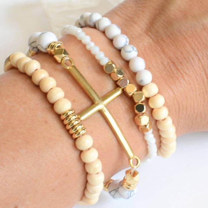 Two and Crew - Wholesale Jewelry Set - Gold Cross creams beaded stackable Christian bracelet set