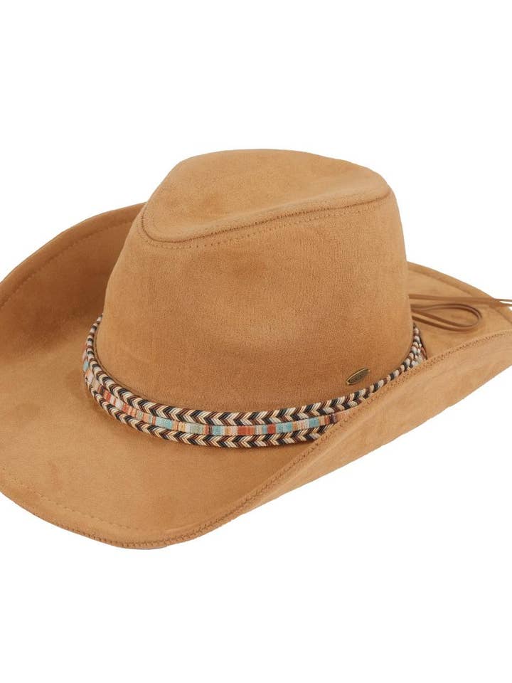 Sombrero de vaquero, gamuza con ribete multihilo, color camel para venta al por mayor de Funky Junque