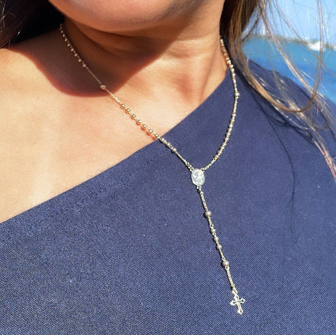 Milie - Wholesale Prayer Beads Necklace - 18k GF Rosary Necklace: Beaded Virgin Mary Medal, Tiny Cross4