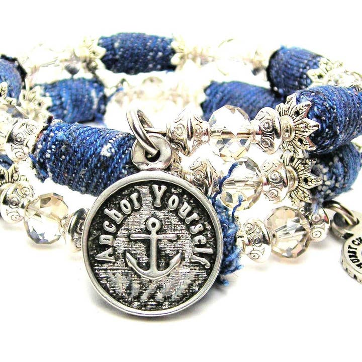 Anchor Yourself Blue Jean Beaded Wrap Bracelet Inspirational for wholesale by Chubby Chico Charms