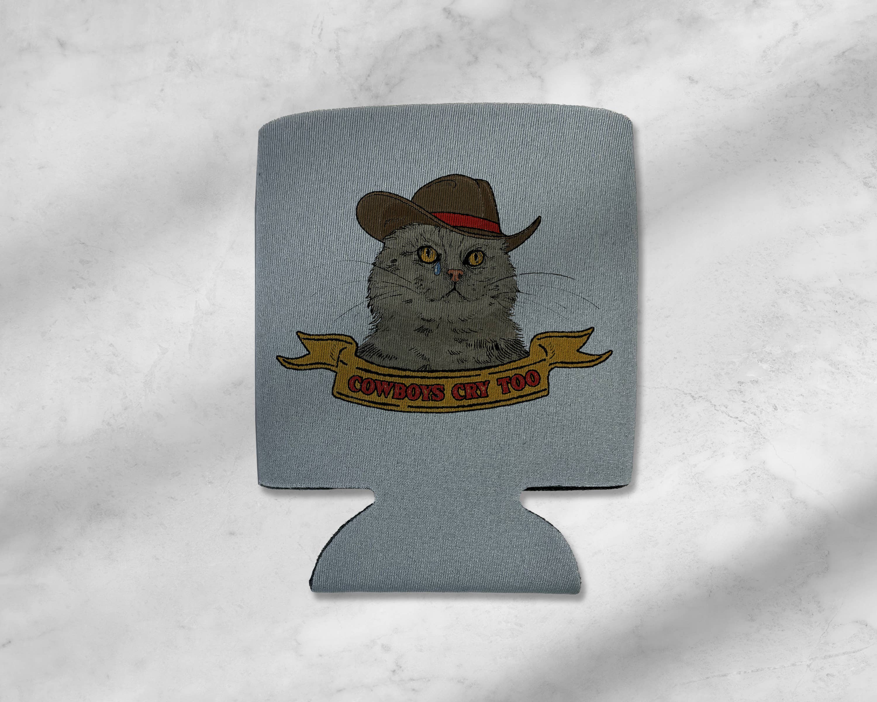 Cluster Funk Studio - Wholesale Drink Huggers & Koozies - Cowboys Cry Too: Cat Cowboy Koozie