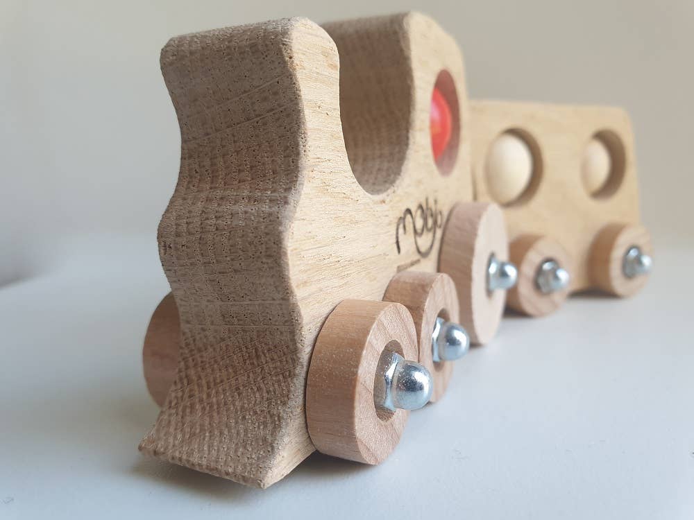 Mobjo - Vendita all'ingrosso Giocattolo in legno - Bambini - Piccolo treno in legno con locomotiva e carro articolato TchouJo3