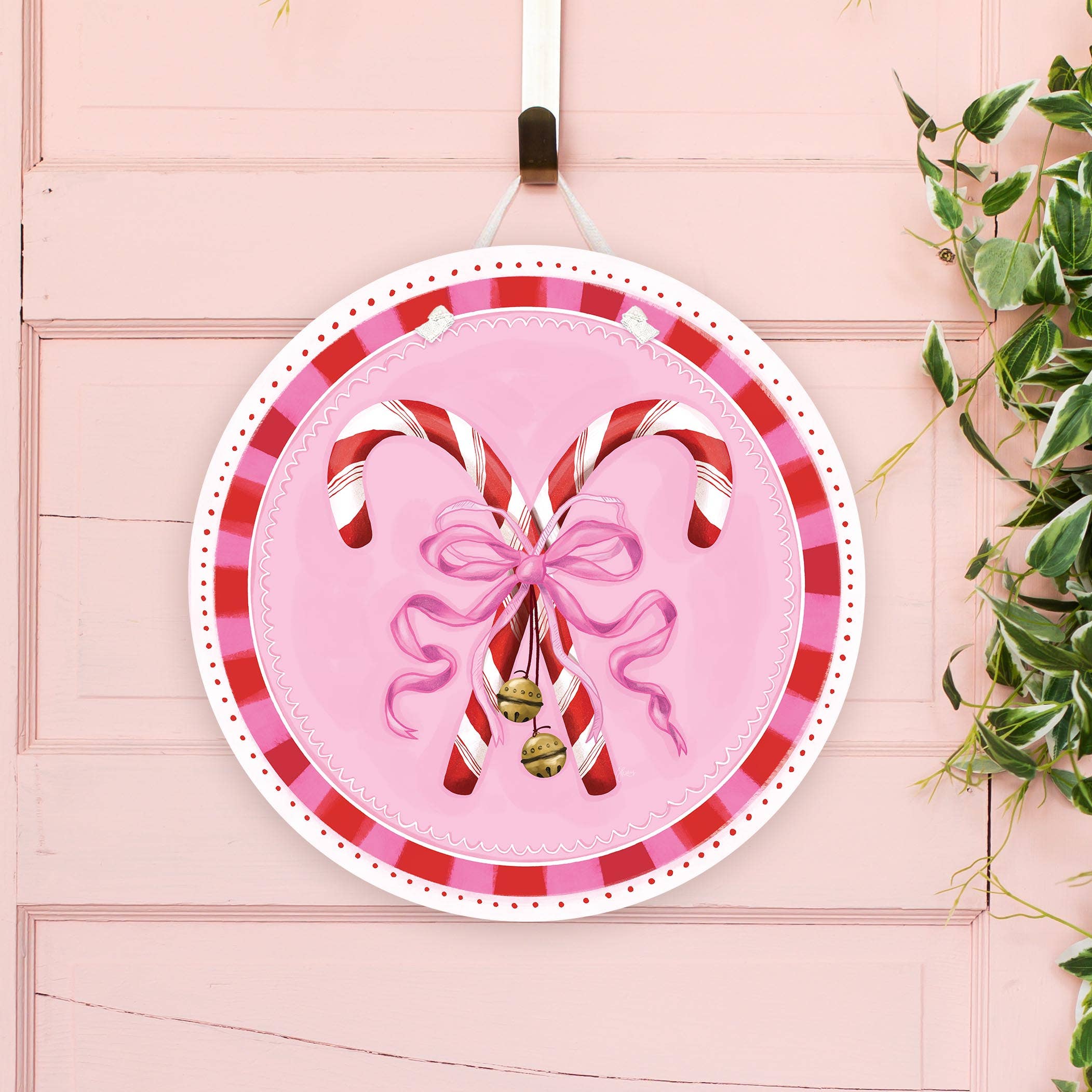 Songbird Grove Collection - Wholesale Door Hanger - Crossed Red Candy Canes with Pink Bow Door Hanger