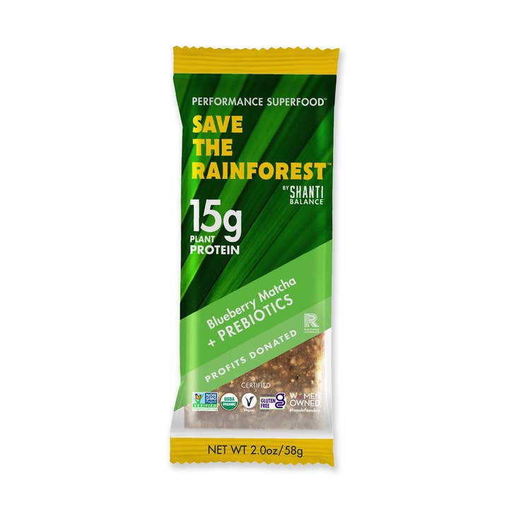 Blueberry Matcha + Prebiotic Protein Bar for wholesale by SAVE THE RAINFOREST BAR by Shanti Balance