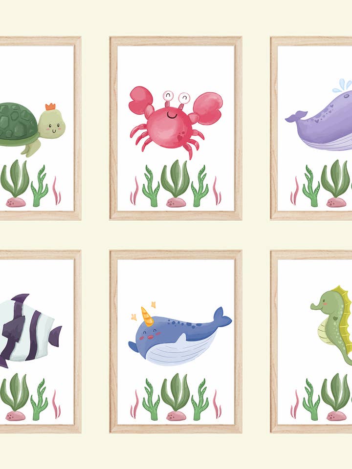 Set of 6 marine animals children's room pictures DIN A4 wall pictures decorative baby room poster - turtle crab whale fish seahorse for wholesale by Tigerlino®