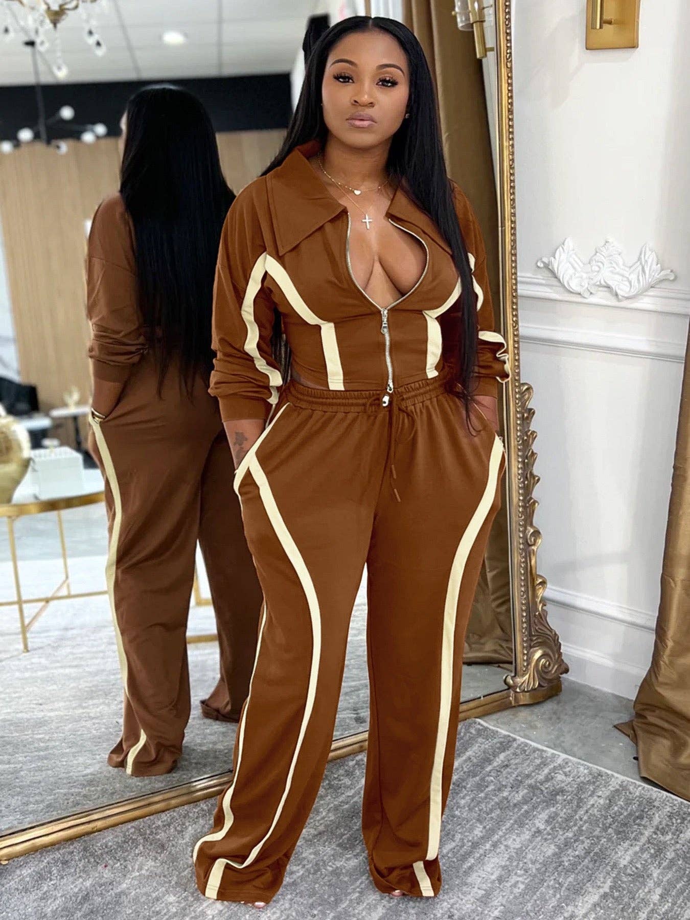 MB Fashion Wholesale - Wholesale Lounge Set - Women's - MB FASHION Zip-Up Contrast Stripe Two-Piece Lounge Set 50394