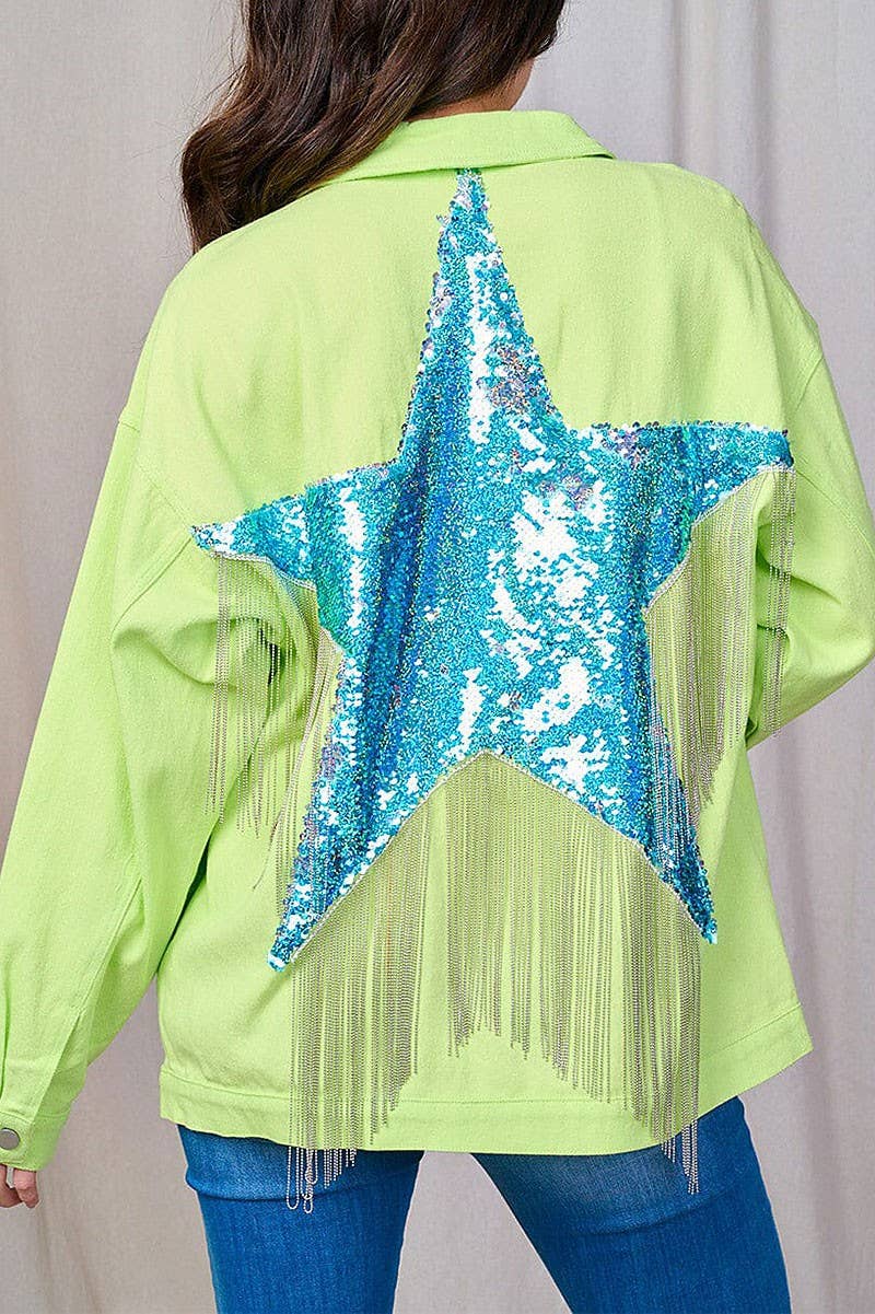 LIME FRONT POCKET SEQUIN STAR FRINGE DENIM JACKET for wholesale on Faire0