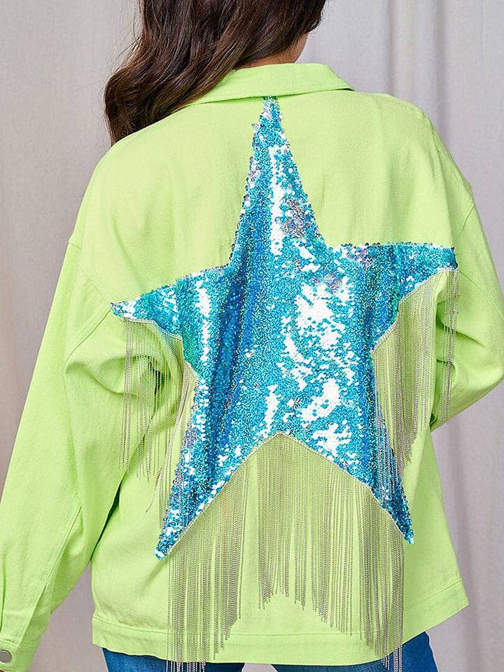 LIME FRONT POCKET SEQUIN STAR FRINGE DENIM JACKET for wholesale on Faire0