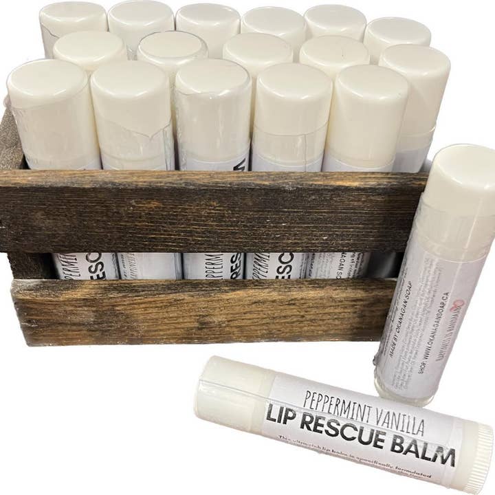 Peppermint Vanilla Lip Rescue Balm for wholesale by Okanagan Soap