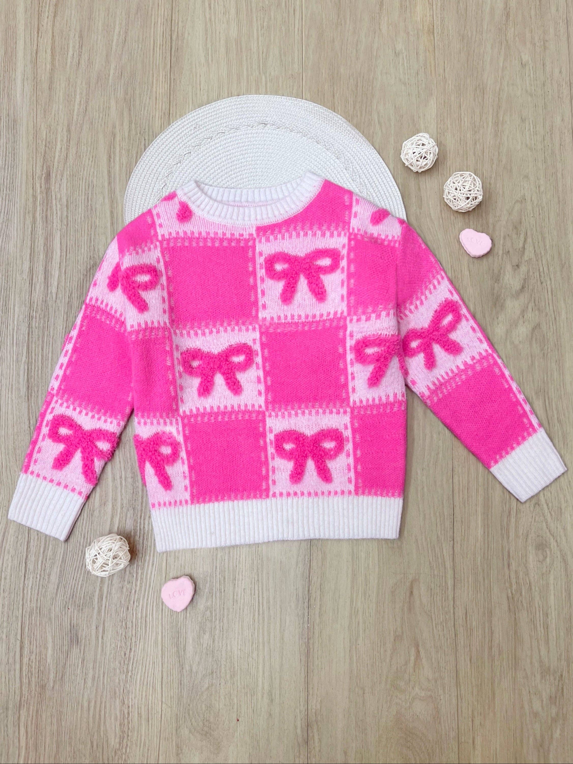 Sweet Bow Pink Checkered Knit Sweater for wholesale on Faire4