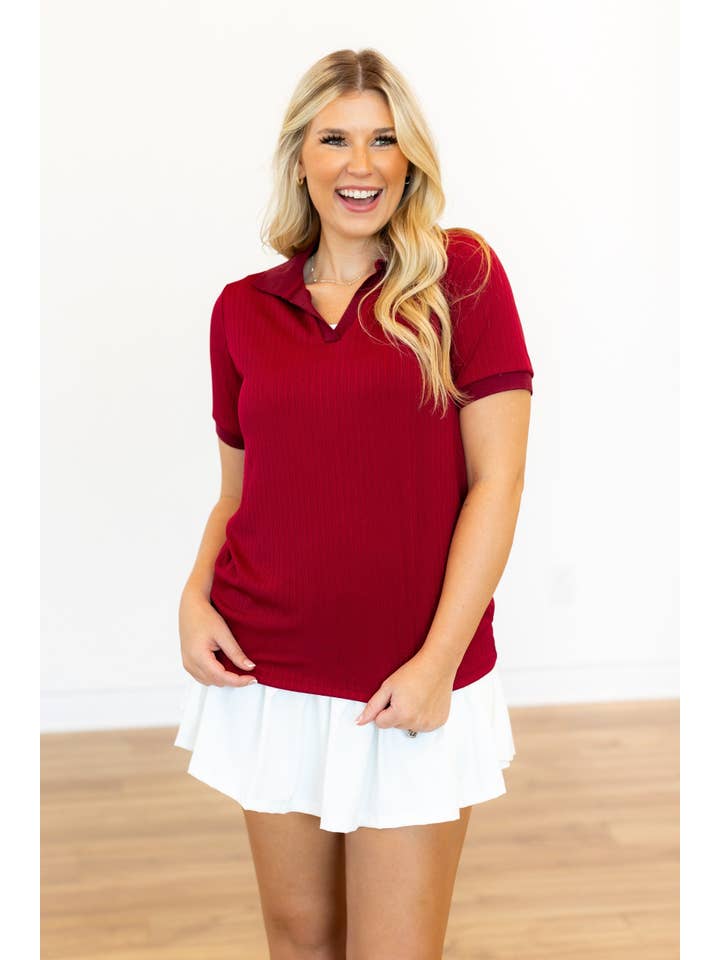 Red Rib Knit Polo Top, Maroon for wholesale on Faire