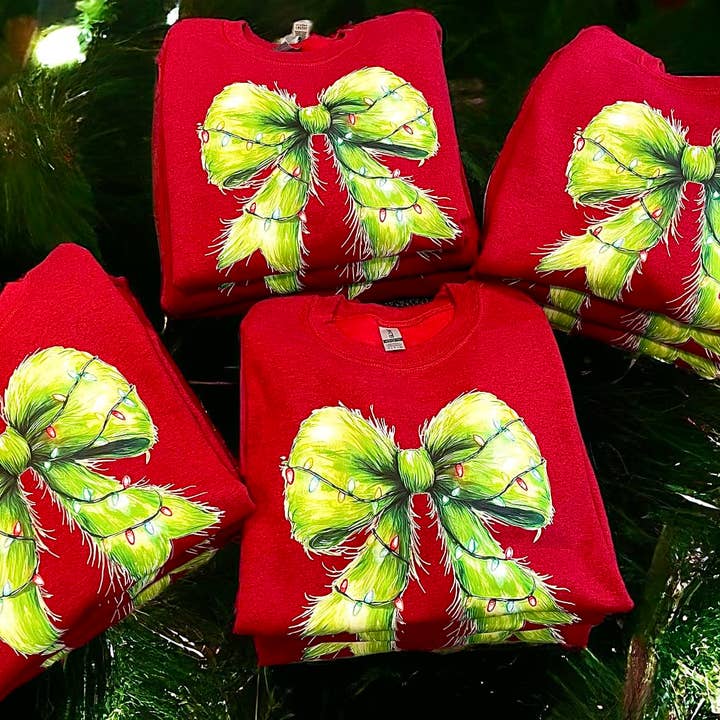 Lasting Impressions CT - Wholesale Graphic Sweatshirt - Women's - Wholesale Green Furry Sweatshirt for Christmas, Coquette bow