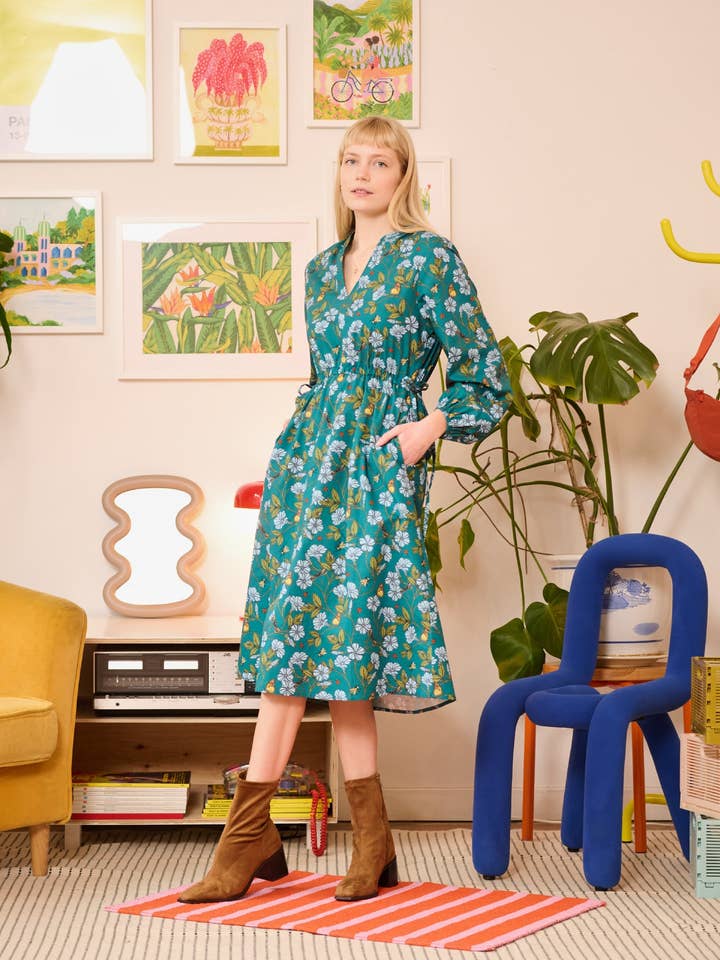 Flora in Flight Printed Adjustable Waist Midi Dress With Pockets for wholesale by Poplin and Co.