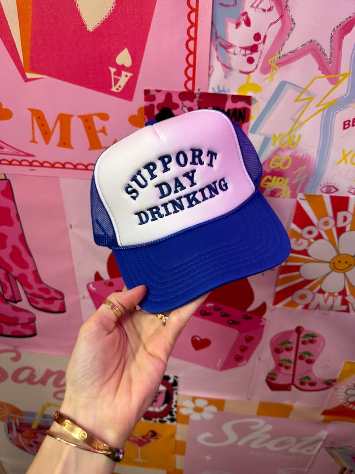 Blue Trucker Hat: Support Day Drinking for wholesale by Happy Hour