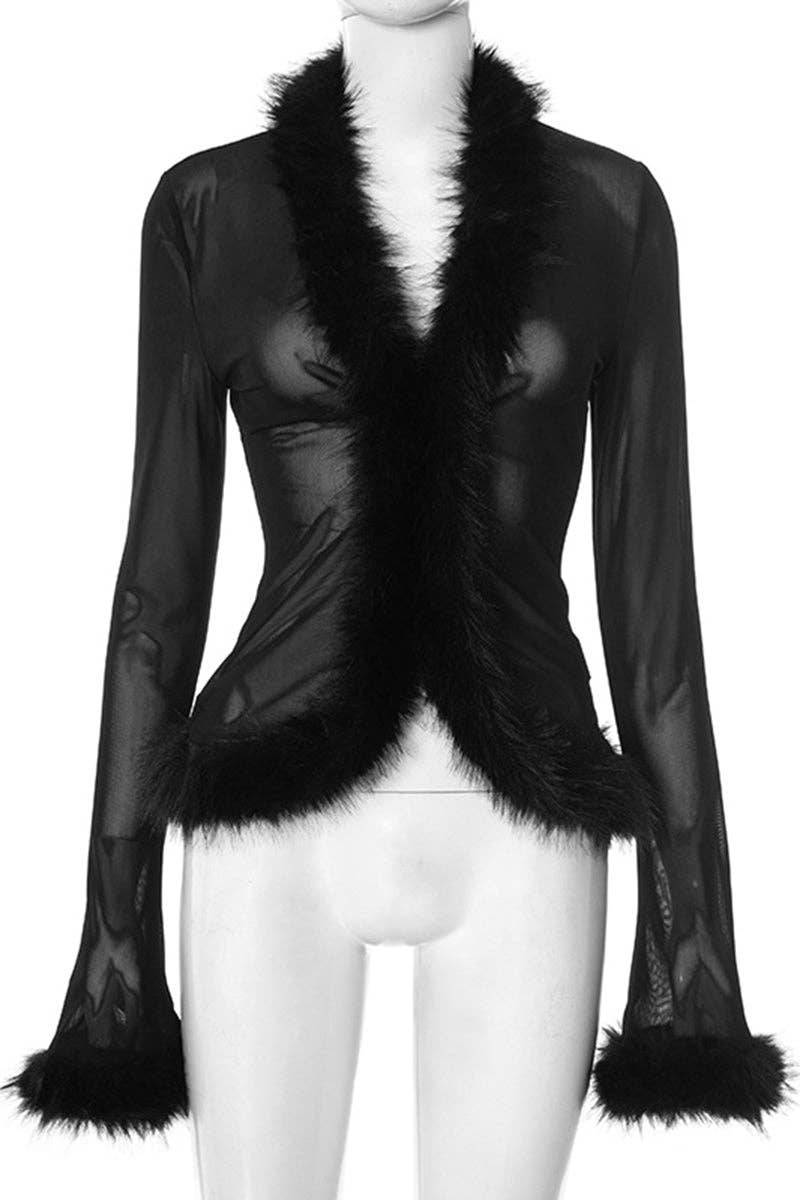 BLACK Faux Fur Trim Sheer Long Sleeve Blouse for wholesale on Faire4