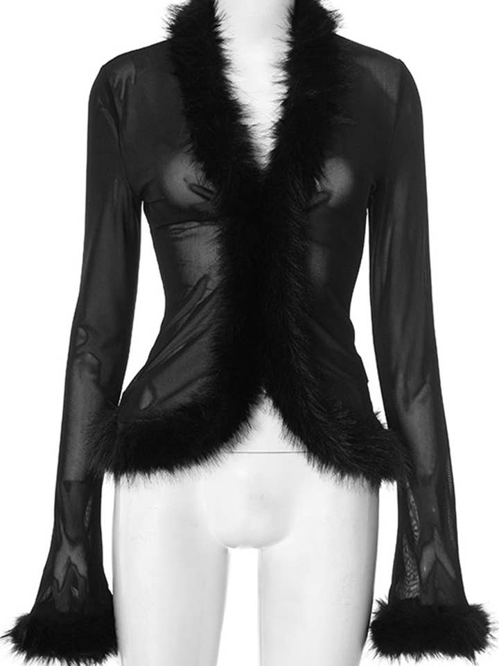 BLACK Faux Fur Trim Sheer Long Sleeve Blouse for wholesale on Faire4