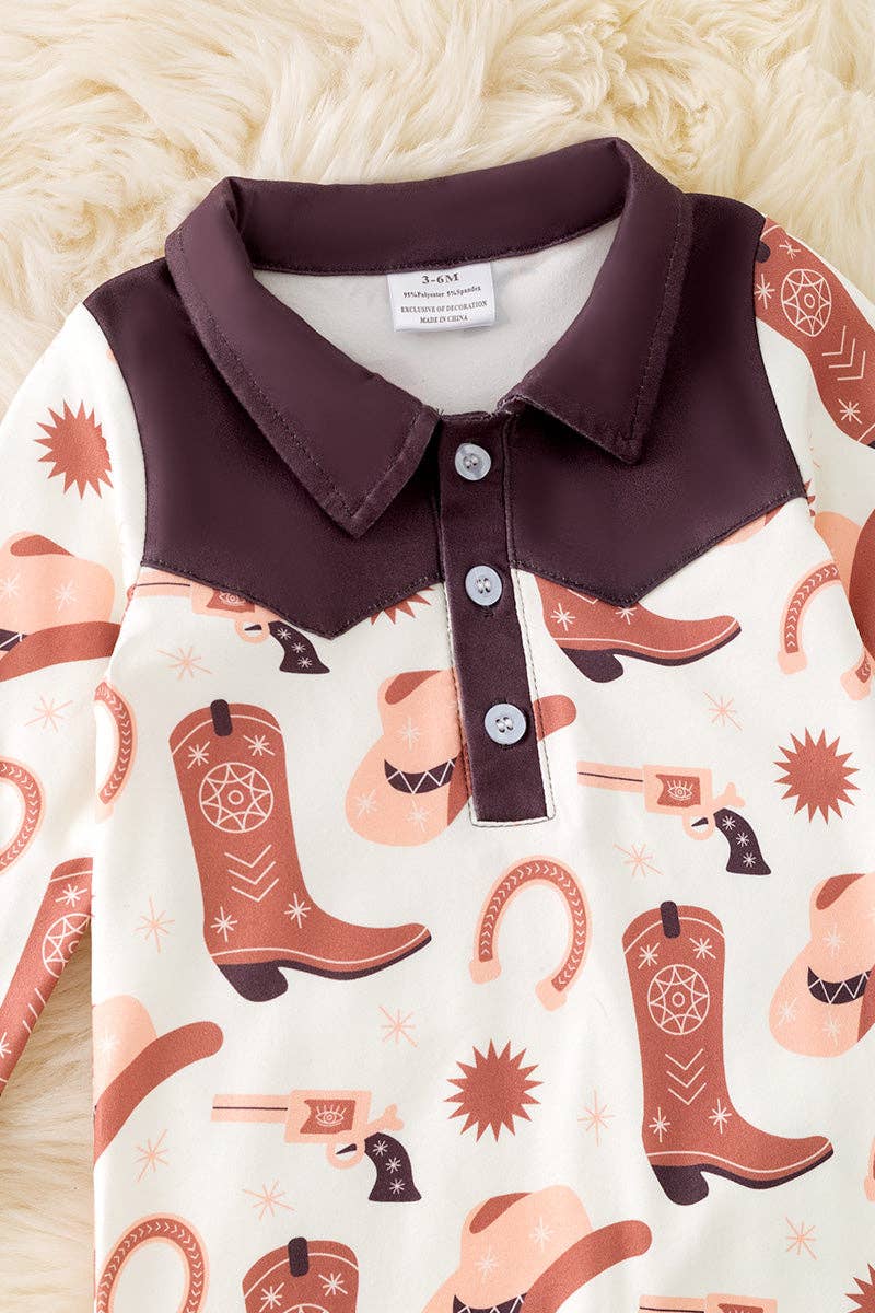 Kids Charm Online - Wholesale Jumpsuit - Baby - Brown and ivory boot printed baby bodysuit w/snapps. (WESTERN)  RPB50423 JEAN1