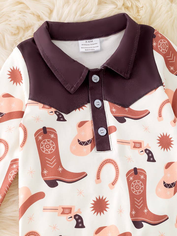 Kids Charm Online - Wholesale Jumpsuit - Baby - Brown and ivory boot printed baby bodysuit w/snapps. (WESTERN) RPB50423 JEAN1