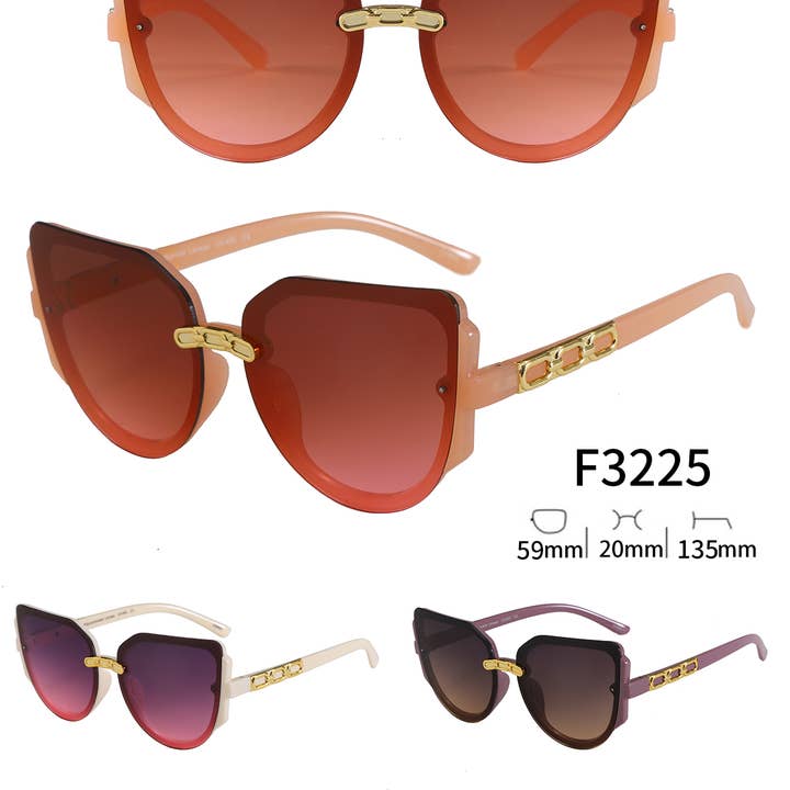 Prime Opticals – wholesale Sunglasses – Women's – F3225, Large NEW Trendy Frame With Gold Decor Arm Sunglasses