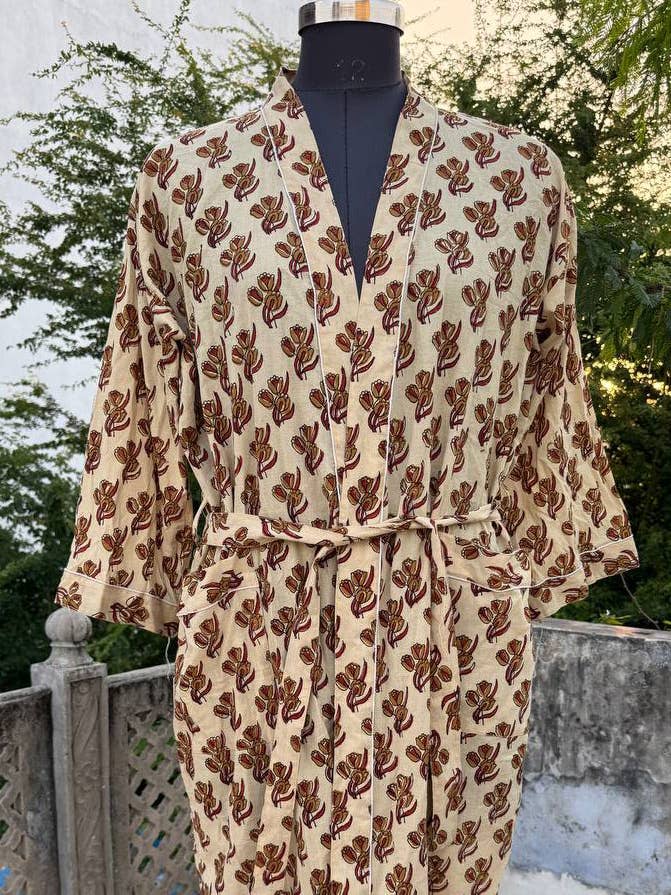 Gewebte Echos Eine Geschichte im Druck Kimono Frau Blockdruck Robe für den Großhandel von GYPSY STUDIO