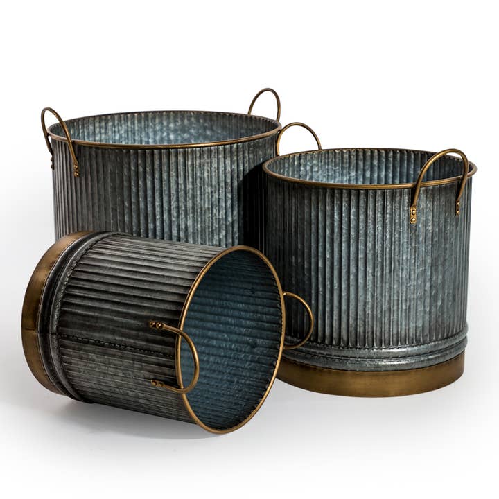Set of 3 Galvanised with Brass Details Planters for wholesale by McGowan & Rutherford Ltd