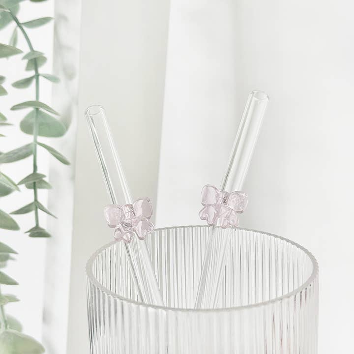 Glass Straw Set - Pink Bow for wholesale by Coconut Lane