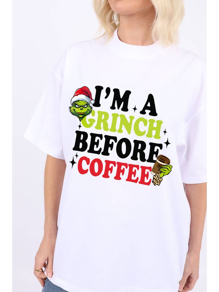 Missi Clothing – wholesale Screen printed t-shirt – Women′s – 220GSM Oversize Christmas T-Shirt In Grinch Before Coffee Print3
