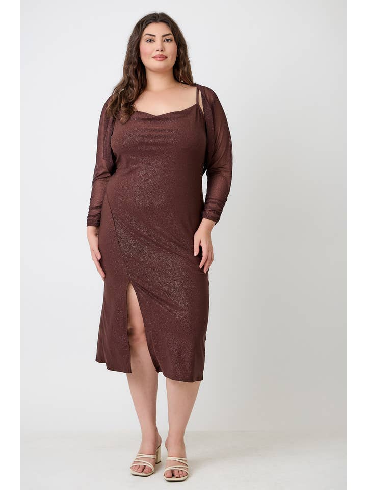 Haute Fox Plus Size & Contemporary - Wholesale Dress - Women's - Plus Size Shimmer Midi Dress with Front Slit JK18749-D6