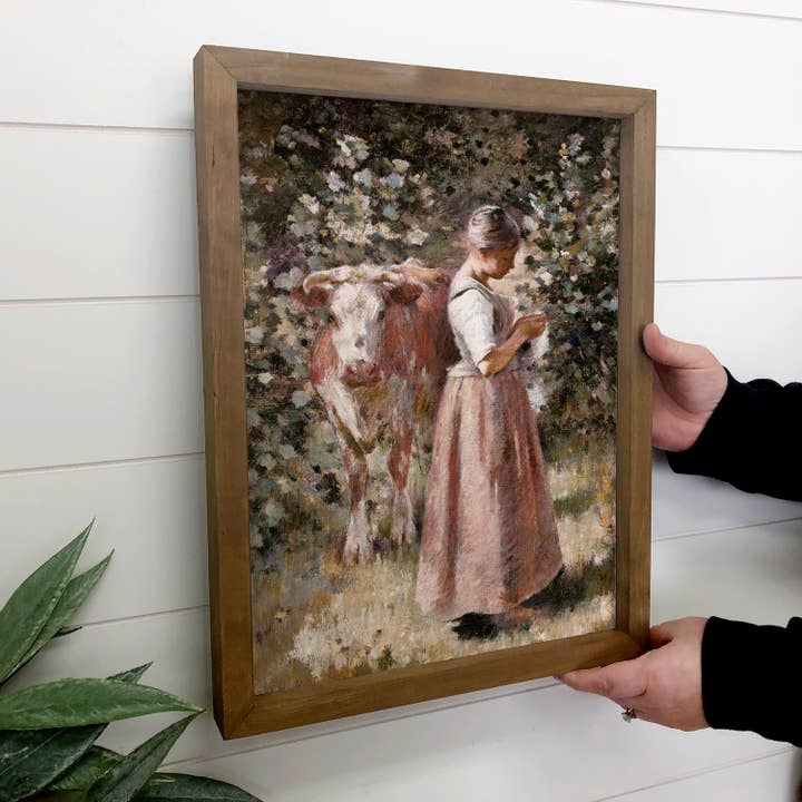 Milk Maid Girl and Cow - Farmhouse Canvas Art - Wood Framed for wholesale by Hangout Home