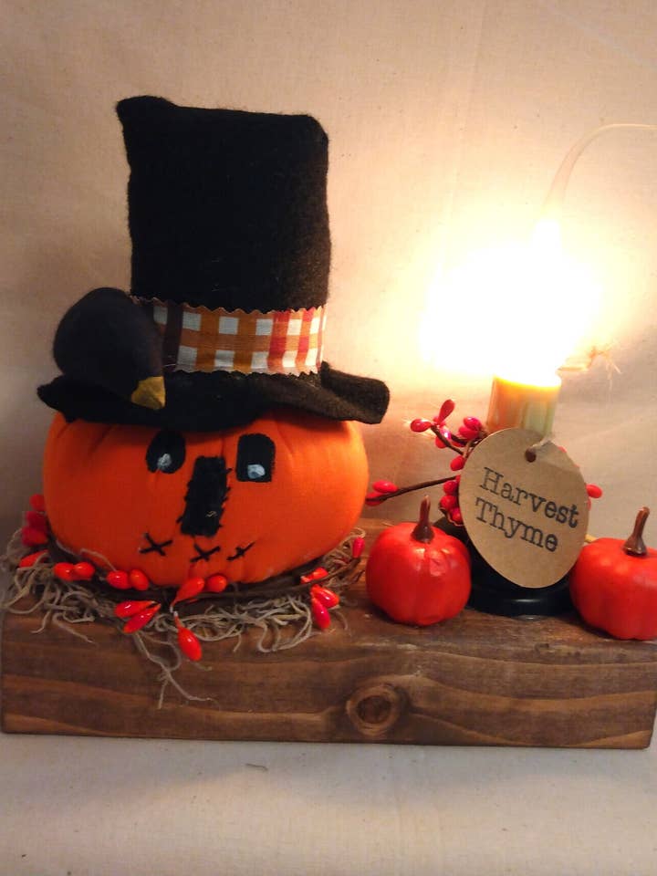 Lighted Pumpkin on Wood base for wholesale by The Heritage Primitive Gift Shoppe