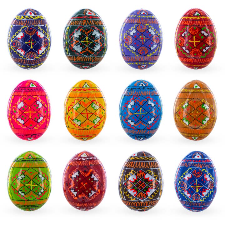 BestPysanky - Wholesale Decorative Tabletop Object - Set of 12 Handcrafted Geometric Ukrainian Pysanky Wooden Easter Eggs 2.5 Inches