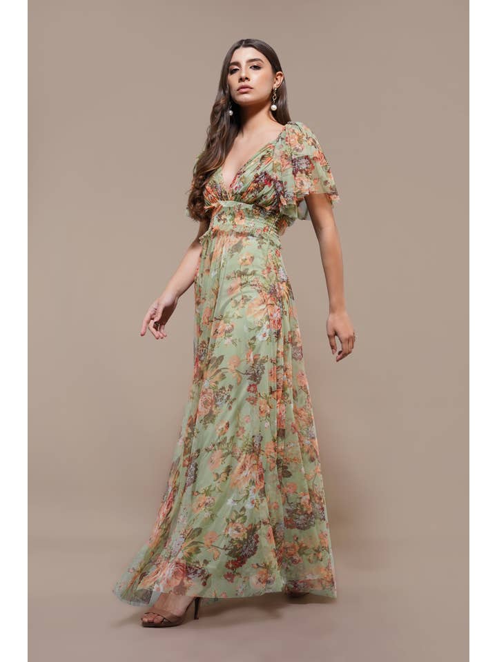 Verde Chiaro Floreale Abito Maxi Shelby in Fantasia Floreale Verde Chiaro in vendita all'ingrosso su Faire3