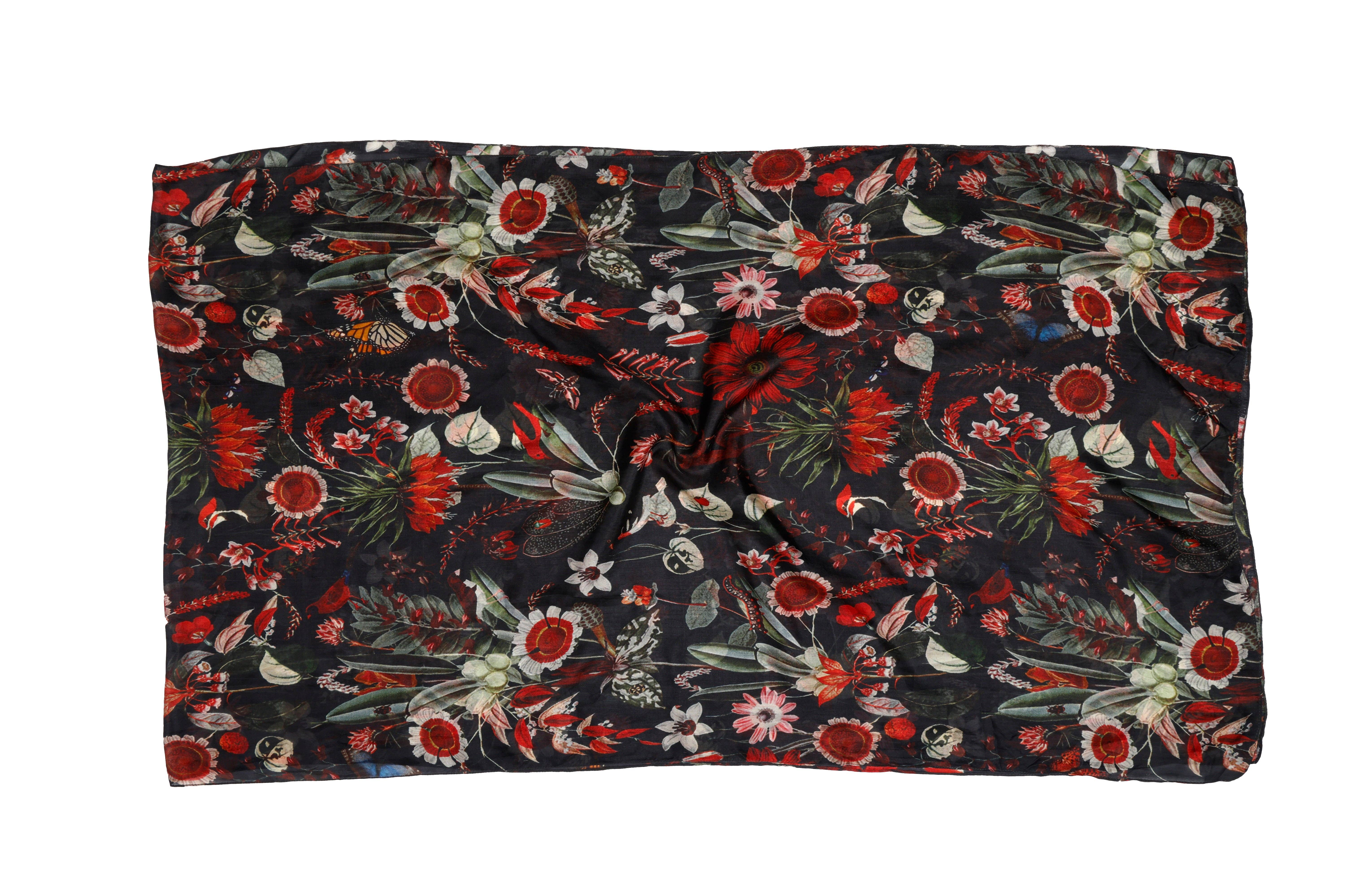 Namaskar Australia - Wholesale Scarf - Women's - Tropical Garden Scarf – Pure Silk Wrap | Red Botanical & Exotic Bird Australian Coastal Print on Black base3