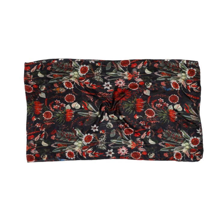 Namaskar Australia - Wholesale Scarf - Women's - Tropical Garden Scarf – Pure Silk Wrap | Red Botanical & Exotic Bird Australian Coastal Print on Black base3