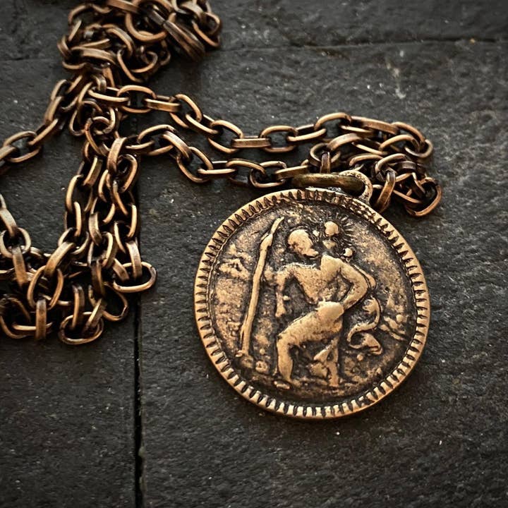 Men's Antiqued Brass Necklace with Round St. Christopher Med for wholesale by Johnny Ltd.