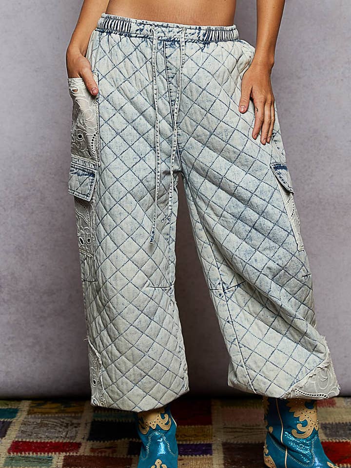 Vintage washing solid lace patch quilting jogger pants for wholesale by Pol Clothing