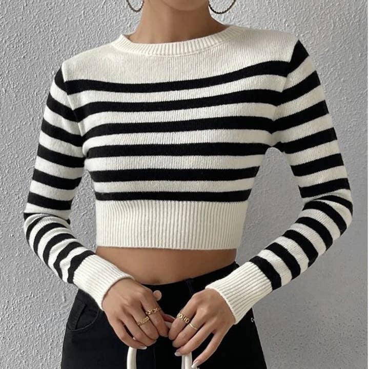 Crew Neck Striped Cropped Long Sleeve Knit Sweater Blouse for wholesale by L Michele