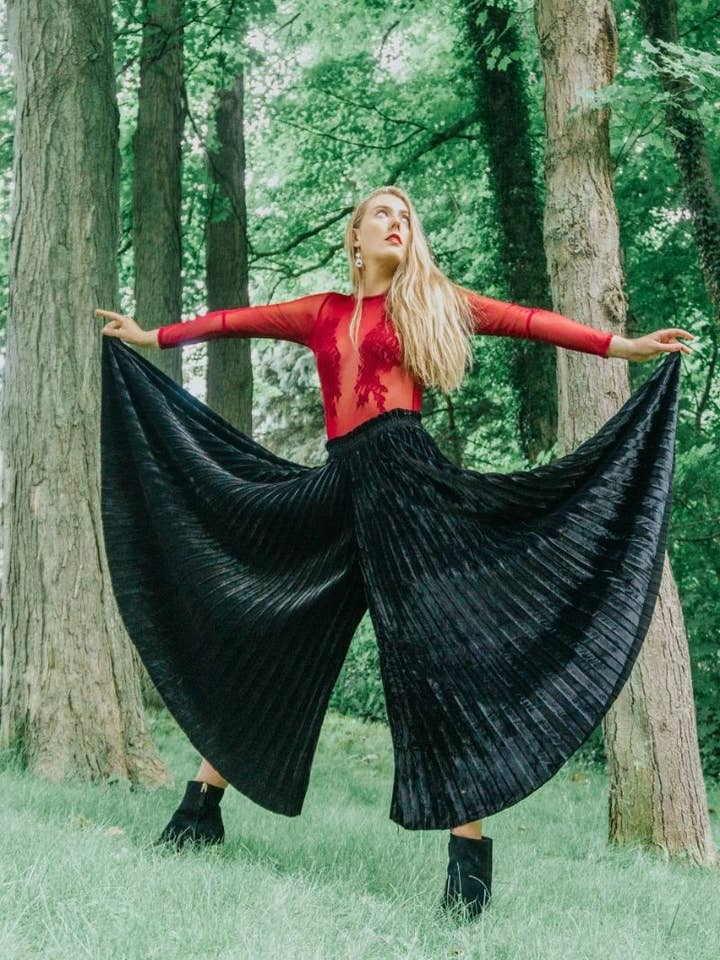 Moonless Night Pleated Velvet Trousers - Black for wholesale by America & Beyond