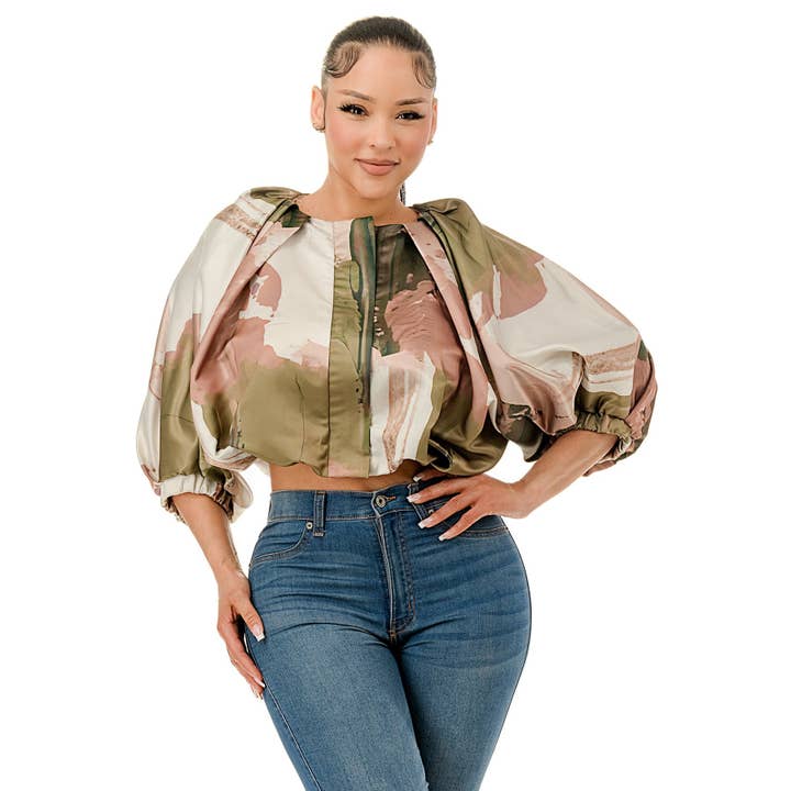 Top Curto com Bolhas e Mangas Curtas Plus Balloon por atacado de DORCAS