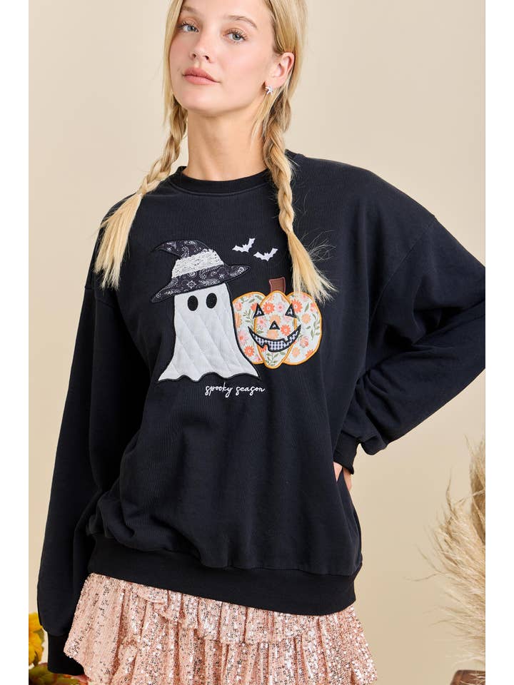 BLACK Halloween Patchwork Long Sleeve Crewneck With Mineral Wash for wholesale on Faire0